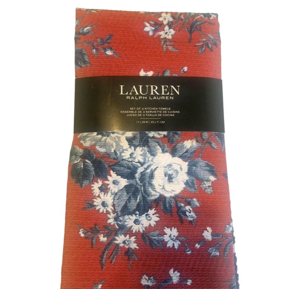Ralph Lauren Kitchen Dish Towels Red Blue White Floral Cotton 17X28 Set of 3